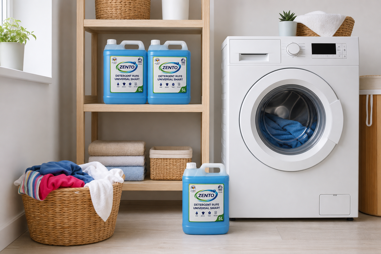 Trei bidoane Zento Smart într-o cameră de spălat, lângă mașina de spălat și rufe colorate